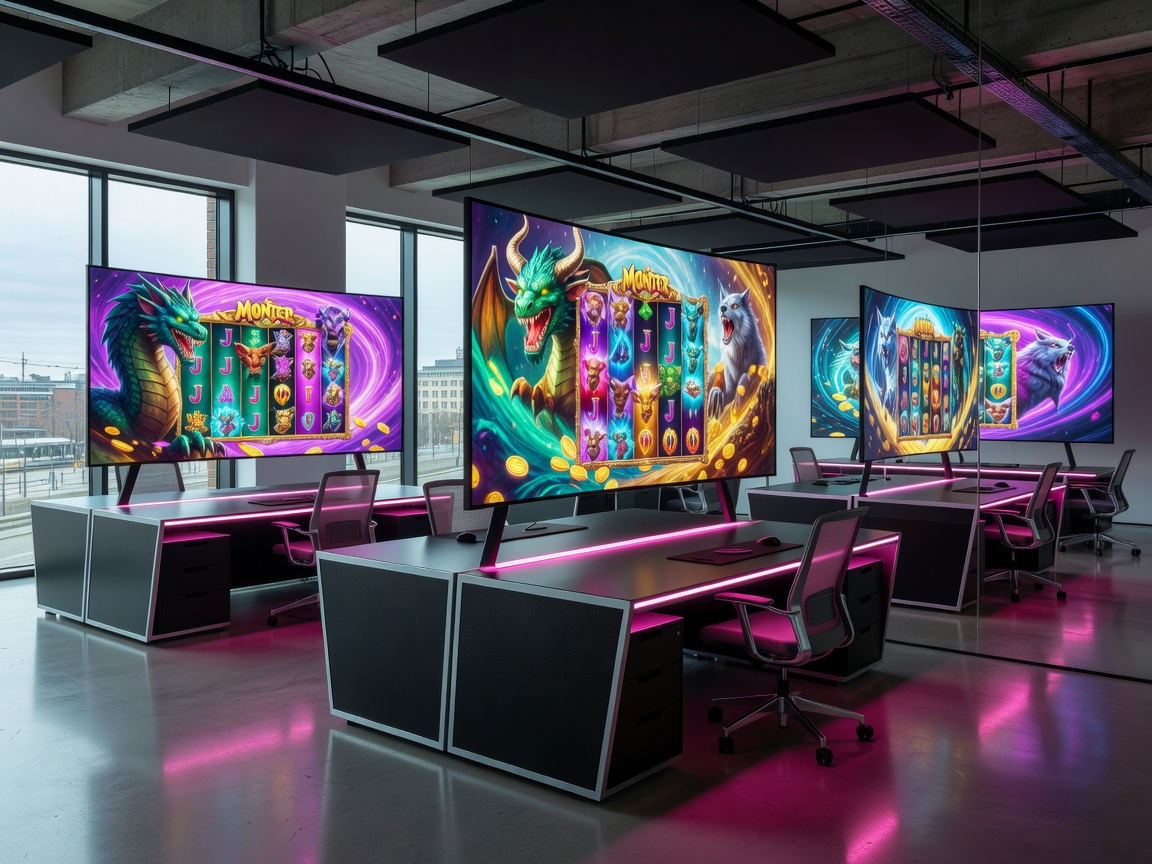 Helsinki design studio interior with neon pink workspace desks and large curved displays rendering monster slots