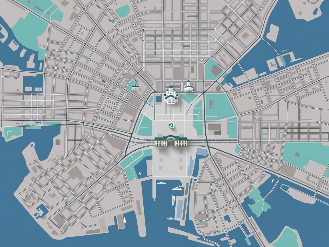 Detailed central Helsinki map infographic marking the visual design hub of Ivoawondrly Oy near the central station