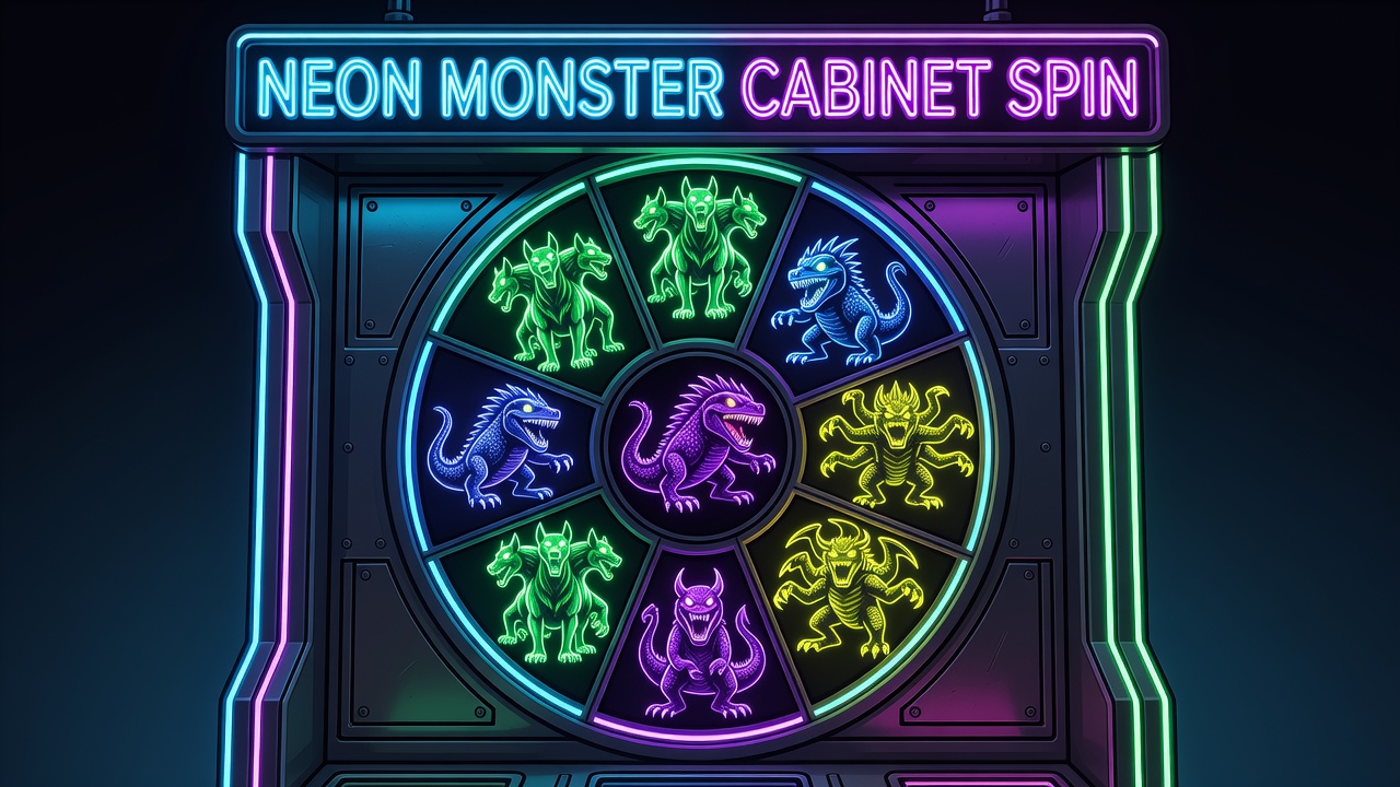 Detailed vector render of custom neon monster slot wheel featuring glowing radioactive beast matrices