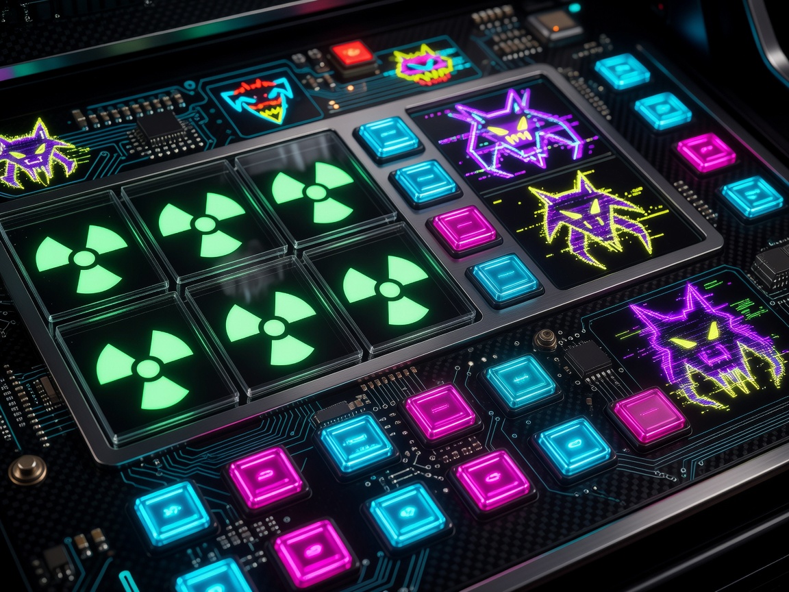 Close-up detailed view of modern cybernetic layout showing radioactive slot symbols and neon button alignments